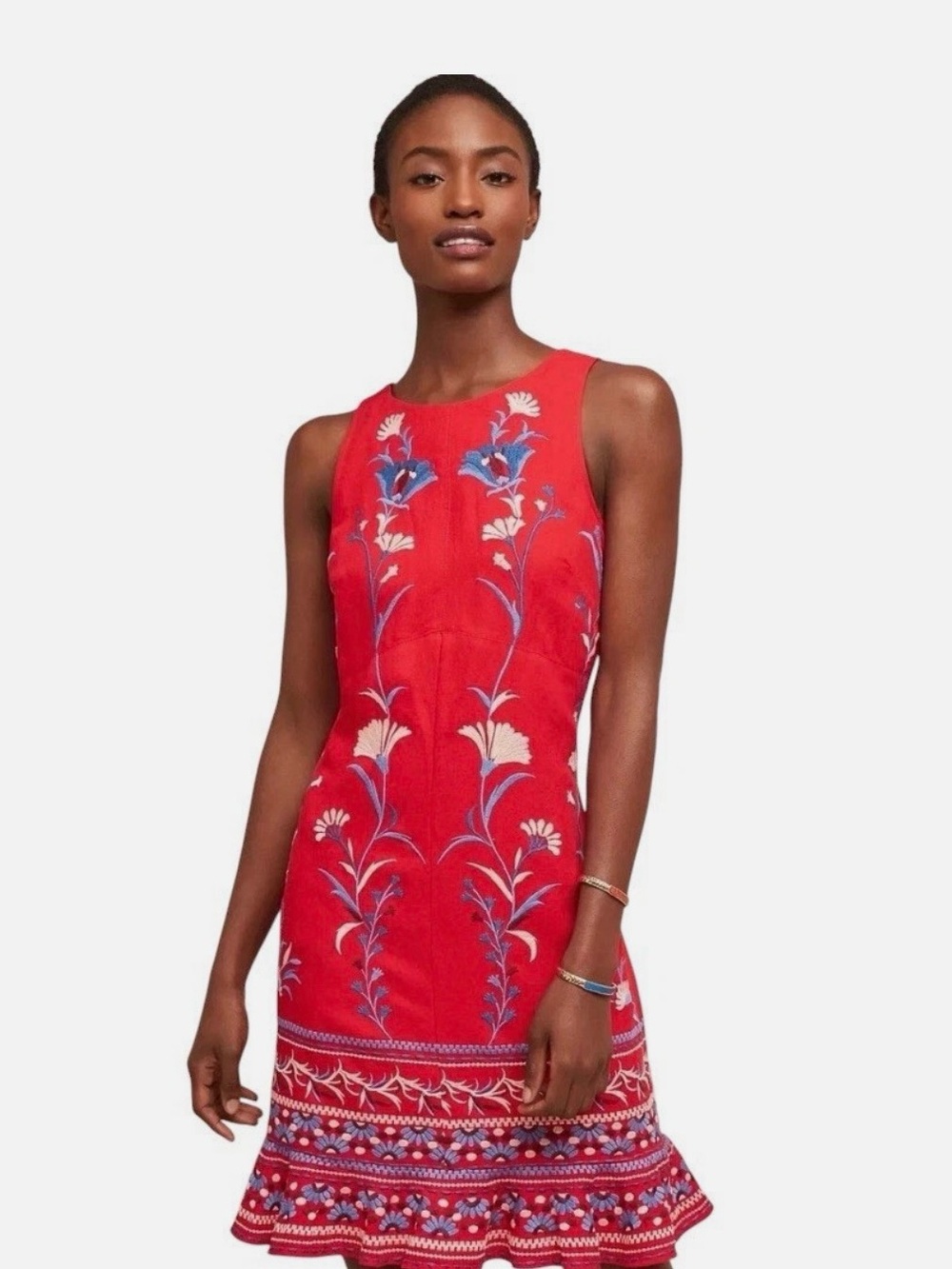 ANTHROPOLOGIE AKEMI + KIN Red Floral Embroidered Shift Boho Lined Dress